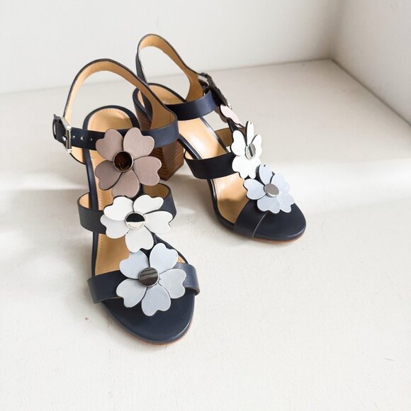 Michael Michael Kors Kit Blue Floral Black Heel Sandals 6.5M - Picture 1 of 9